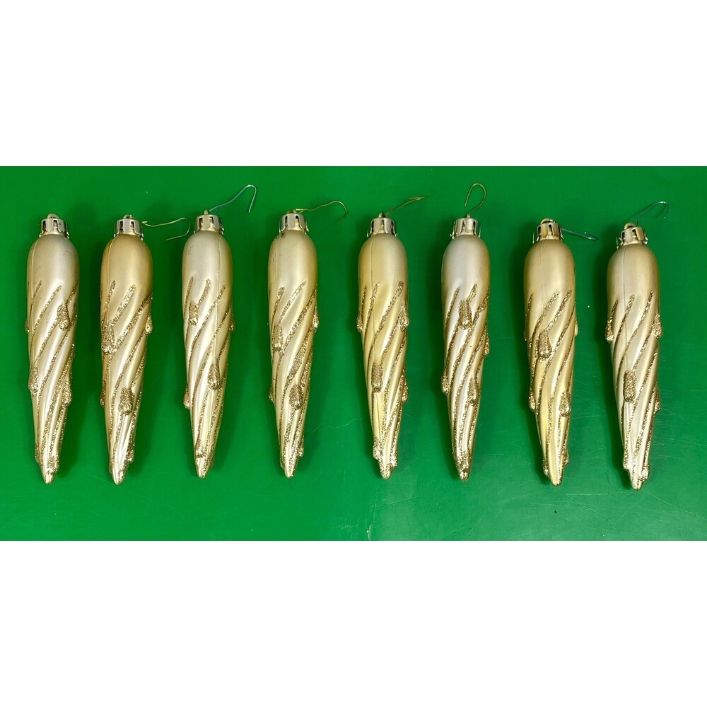 8 Gold Glitter Swirl Icicle Christmas Ornaments Holiday Tree Decor Set